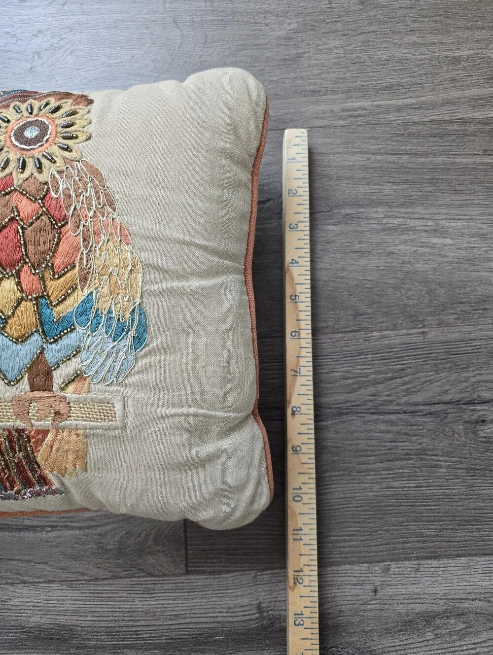 Pier 1 Accent Pillow Owl Embroidered Beaded Neutral Colors Fall